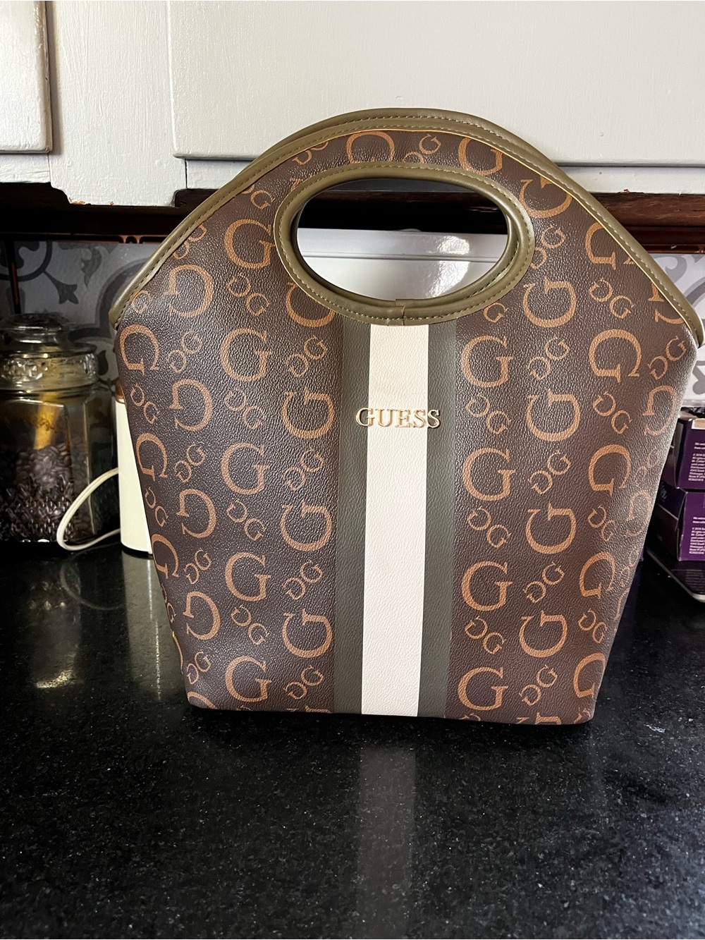 GUESS Brown Logo  lunch Tote with Cream Center Stripe.